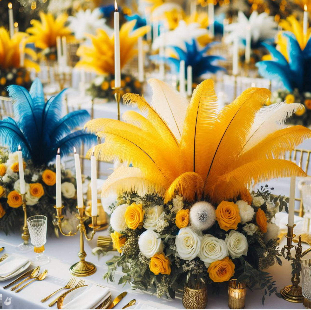 Complete Feather Centerpiece With 16" Vase (Yellow) - www.BuyOstrichFeathers.com